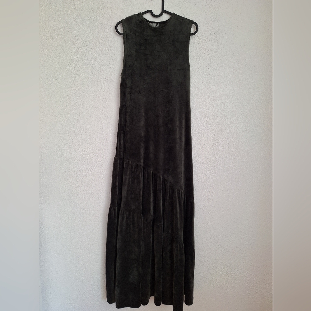 SPARROW  Green Olive Mock Neck Sleeveless Velvet Maxi Gown